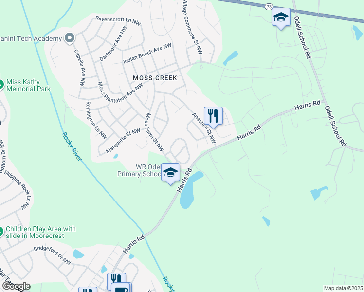 map of restaurants, bars, coffee shops, grocery stores, and more near 1279 Amber Ridge Road Northwest in Concord