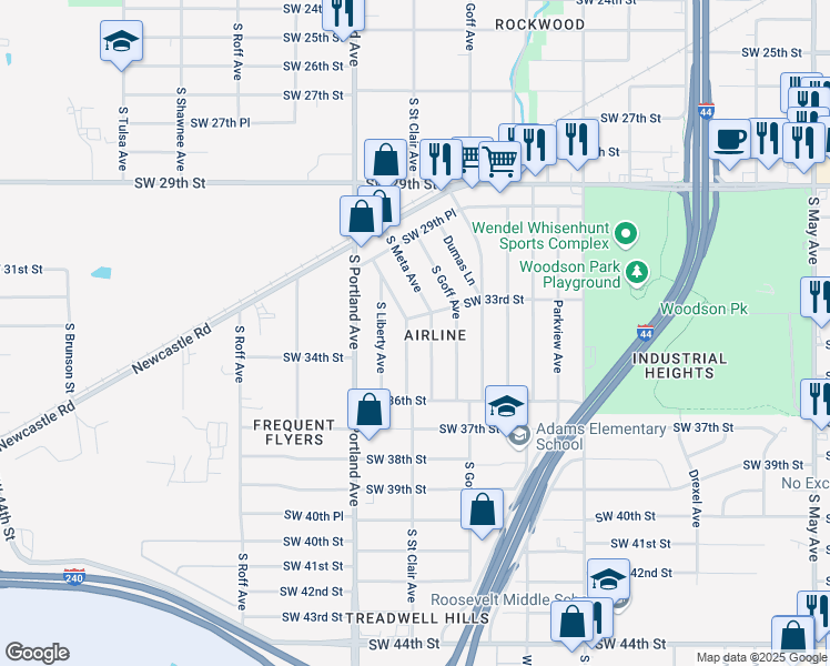 map of restaurants, bars, coffee shops, grocery stores, and more near 3500 South Saint Clair Avenue in Oklahoma City