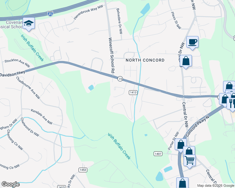 map of restaurants, bars, coffee shops, grocery stores, and more near 1050 Stirrup Place Northwest in Concord