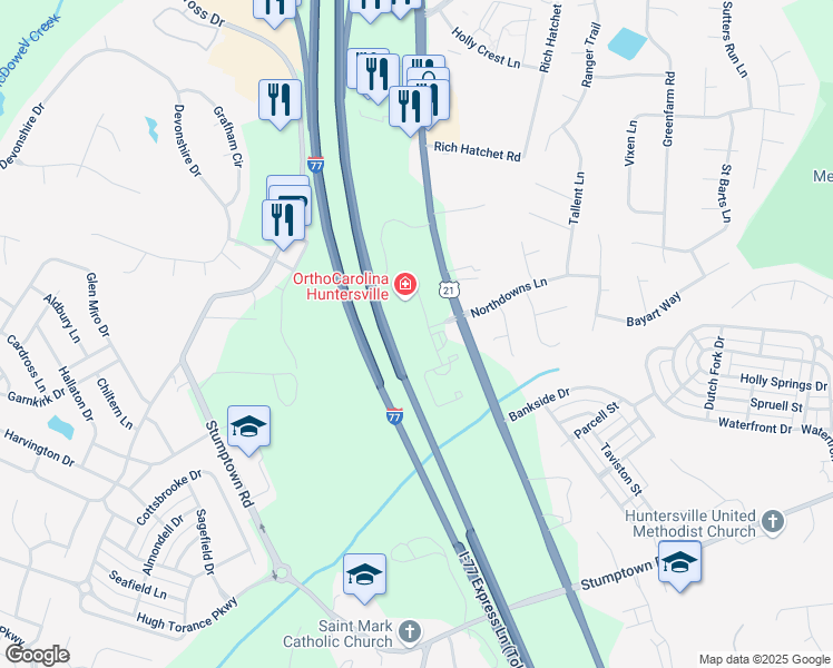 map of restaurants, bars, coffee shops, grocery stores, and more near 10305 Hamptons Park Drive in Huntersville