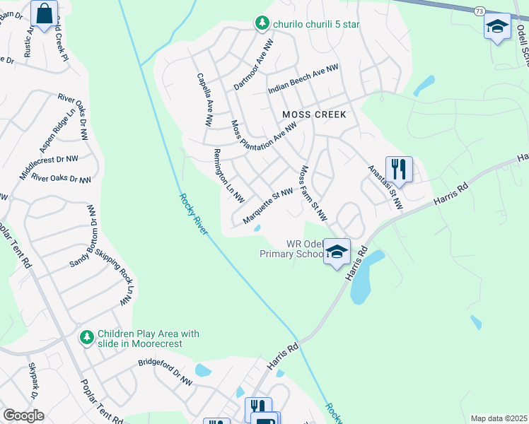 map of restaurants, bars, coffee shops, grocery stores, and more near 9639 Marquette Street Northwest in Concord