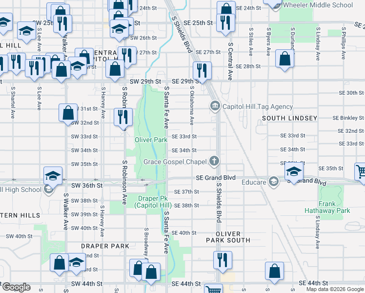 map of restaurants, bars, coffee shops, grocery stores, and more near 44 Southeast 34th Street in Oklahoma City