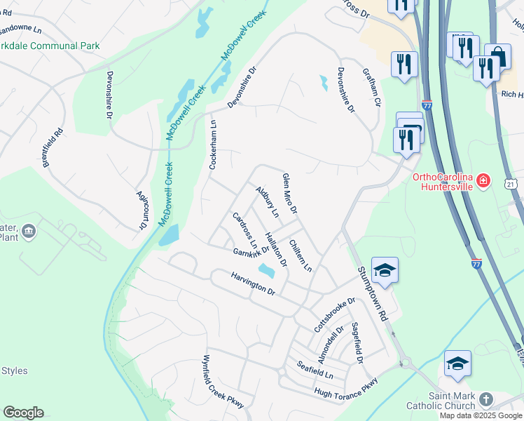 map of restaurants, bars, coffee shops, grocery stores, and more near 16320 Hallaton Drive in Huntersville