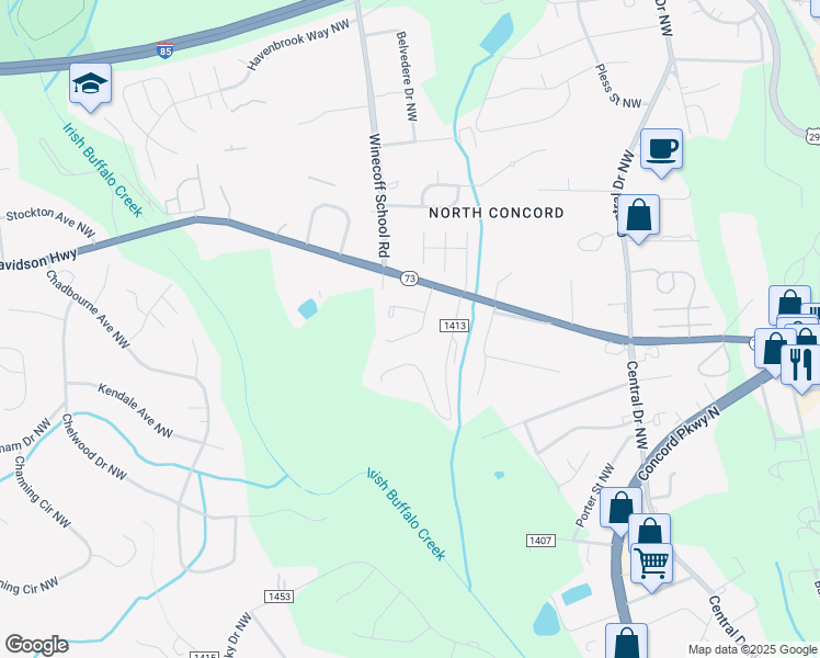 map of restaurants, bars, coffee shops, grocery stores, and more near 1055 Pine Circle Drive Northwest in Concord