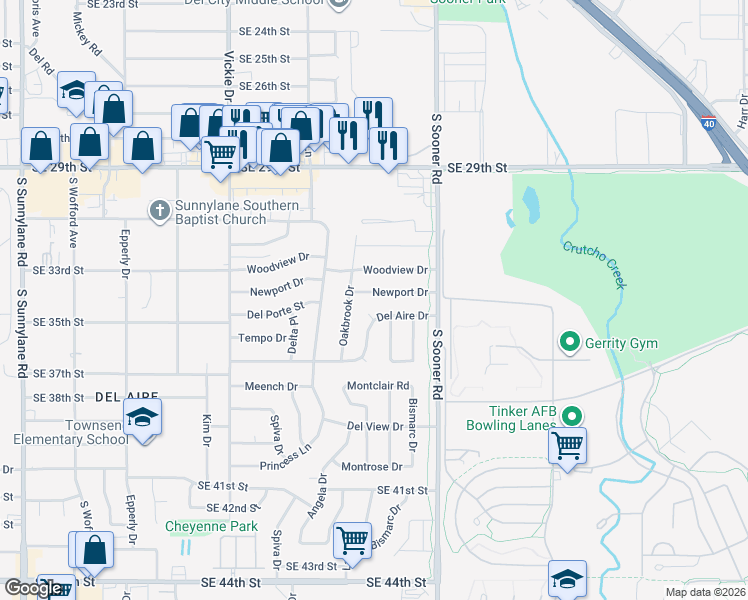 map of restaurants, bars, coffee shops, grocery stores, and more near 4833 Del Aire Drive in Del City