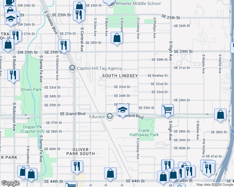 map of restaurants, bars, coffee shops, grocery stores, and more near 544 Southeast 34th Street in Oklahoma City