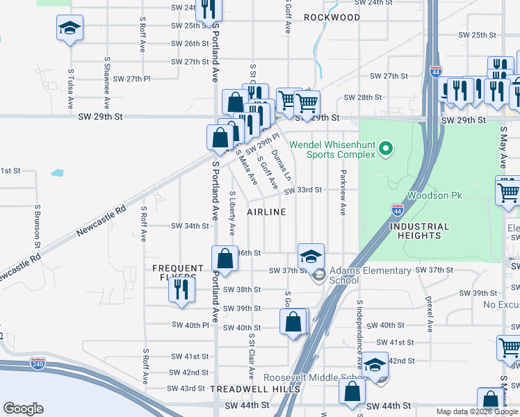 map of restaurants, bars, coffee shops, grocery stores, and more near 3500 South Saint Clair Avenue in Oklahoma City