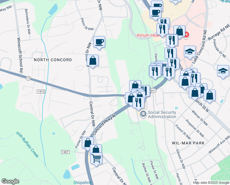 map of restaurants, bars, coffee shops, grocery stores, and more near 170 Davidson Highway in Concord