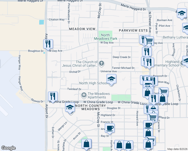 map of restaurants, bars, coffee shops, grocery stores, and more near 513 Sarabande Avenue in Bakersfield