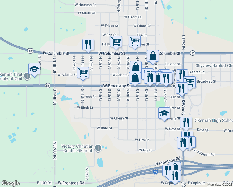 map of restaurants, bars, coffee shops, grocery stores, and more near 205 South 7th Street in Okemah