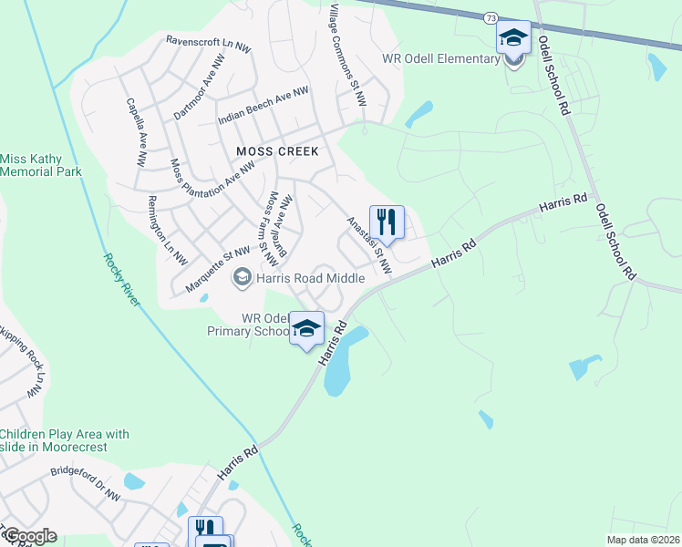 map of restaurants, bars, coffee shops, grocery stores, and more near 1279 Amber Ridge Road Northwest in Concord