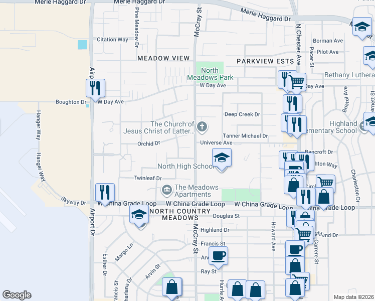 map of restaurants, bars, coffee shops, grocery stores, and more near 513 Sarabande Avenue in Bakersfield