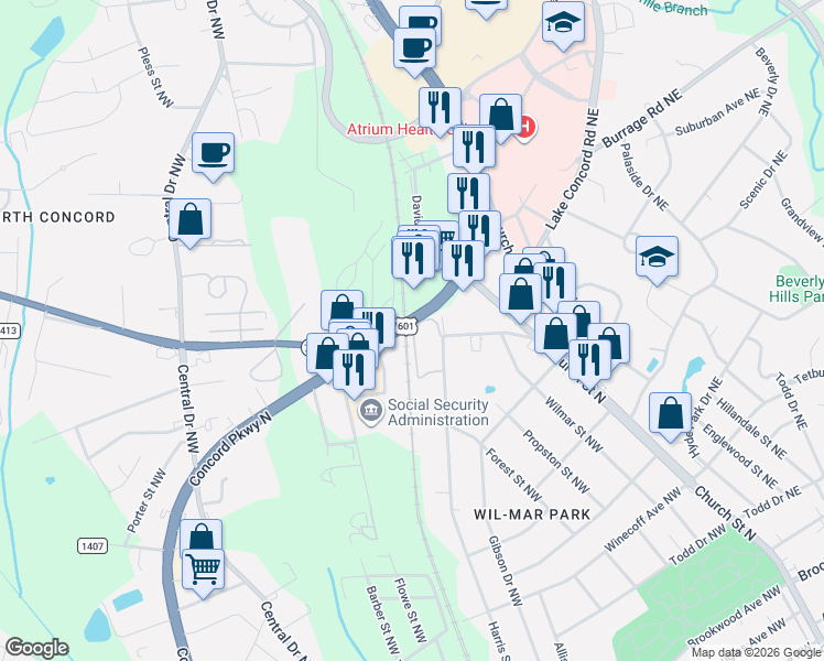 map of restaurants, bars, coffee shops, grocery stores, and more near 3384 U.S. 29 in Concord