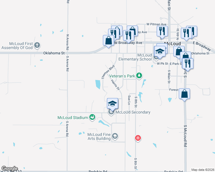 map of restaurants, bars, coffee shops, grocery stores, and more near 316 Claudia Circle in McLoud