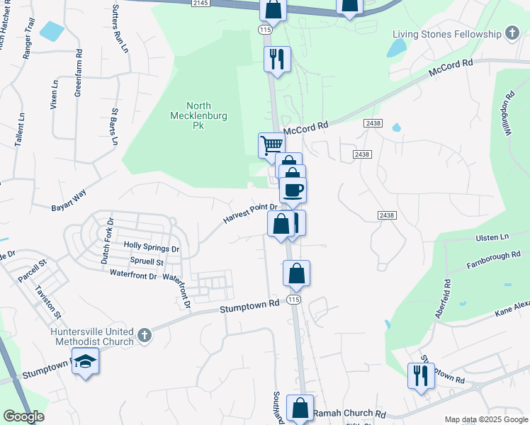 map of restaurants, bars, coffee shops, grocery stores, and more near 13319 Harvest Point Drive in Huntersville