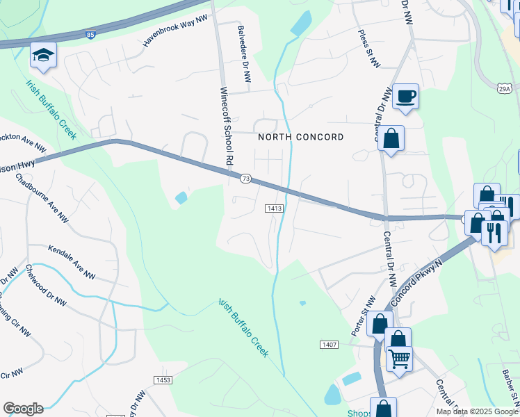 map of restaurants, bars, coffee shops, grocery stores, and more near 1079 Stirrup Place Northwest in Concord
