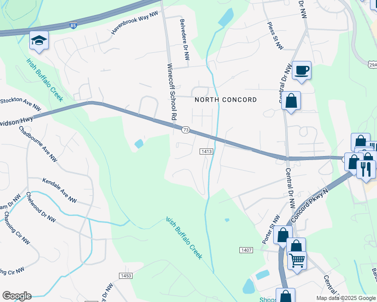 map of restaurants, bars, coffee shops, grocery stores, and more near 1068 Stirrup Place Northwest in Concord