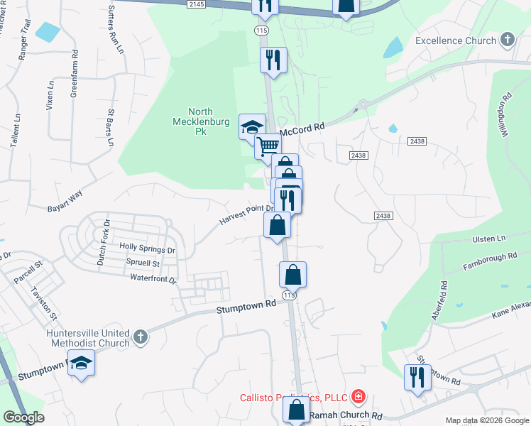 map of restaurants, bars, coffee shops, grocery stores, and more near 13313 Harvest Point Drive in Huntersville