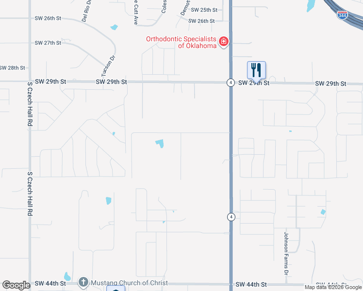 map of restaurants, bars, coffee shops, grocery stores, and more near 3500 Willow Pond Drive in Mustang