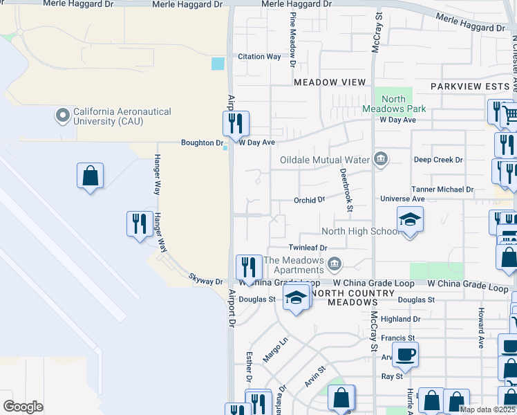 map of restaurants, bars, coffee shops, grocery stores, and more near 722 Orchid Drive in Bakersfield