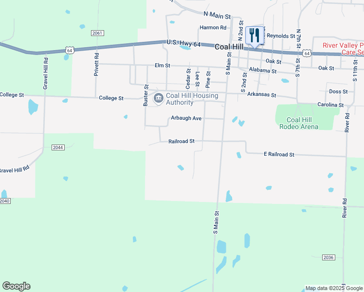 map of restaurants, bars, coffee shops, grocery stores, and more near 406 West Railroad Street in Coal Hill