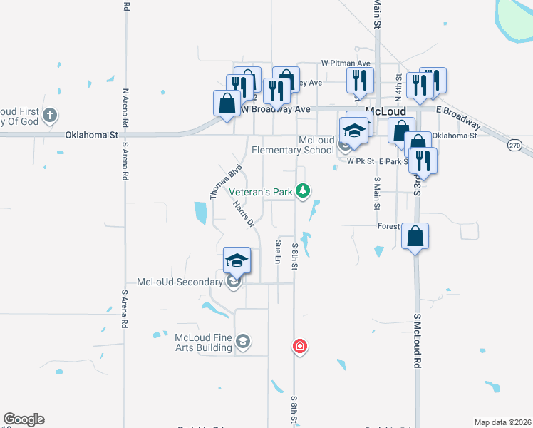 map of restaurants, bars, coffee shops, grocery stores, and more near 138 Folsom Drive in McLoud
