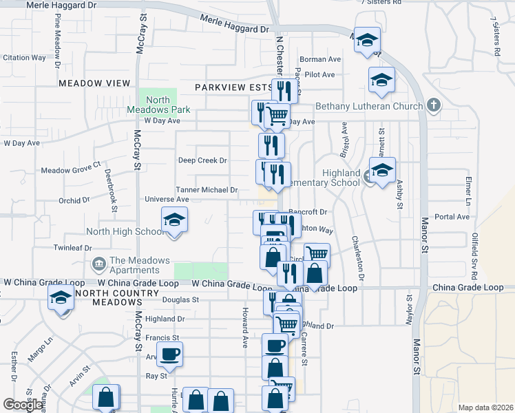 map of restaurants, bars, coffee shops, grocery stores, and more near 113 Universe Avenue in Bakersfield