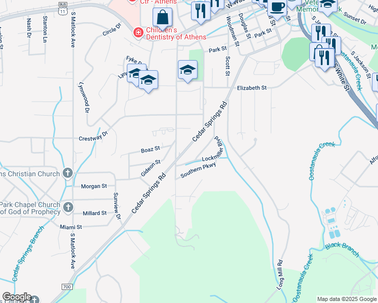 map of restaurants, bars, coffee shops, grocery stores, and more near 717 Cedar Springs Road in Athens