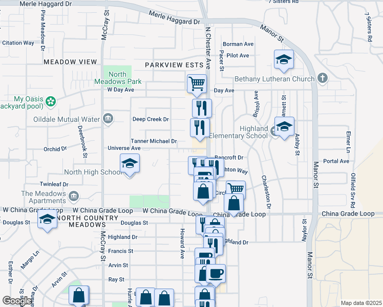 map of restaurants, bars, coffee shops, grocery stores, and more near 2809 North Chester Avenue in Bakersfield