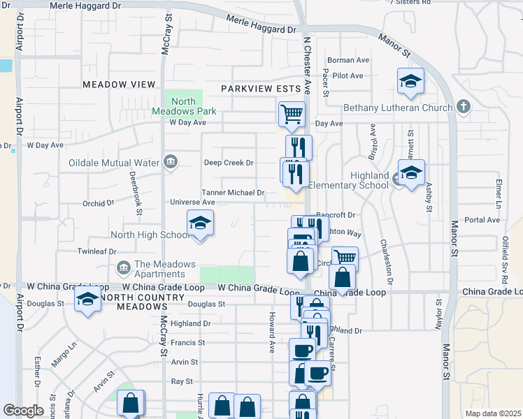 map of restaurants, bars, coffee shops, grocery stores, and more near 247 Tanner Michael Drive in Bakersfield
