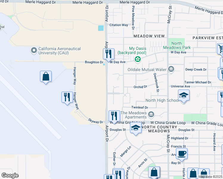 map of restaurants, bars, coffee shops, grocery stores, and more near 2911 Park Meadows Drive in Bakersfield