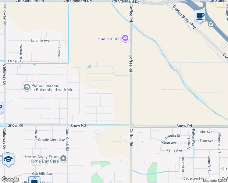 map of restaurants, bars, coffee shops, grocery stores, and more near 7715 Coffee Road in Bakersfield