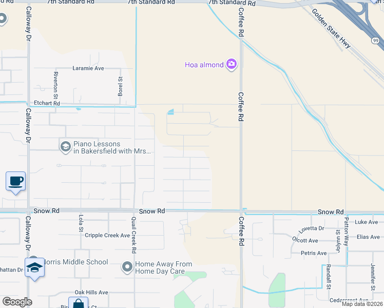 map of restaurants, bars, coffee shops, grocery stores, and more near 8502 Estes Park Street in Bakersfield