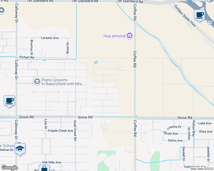 map of restaurants, bars, coffee shops, grocery stores, and more near Quail Creek Road in Bakersfield