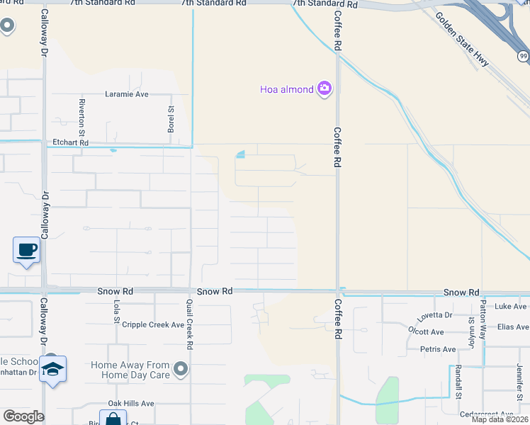 map of restaurants, bars, coffee shops, grocery stores, and more near 8502 Estes Park Street in Bakersfield