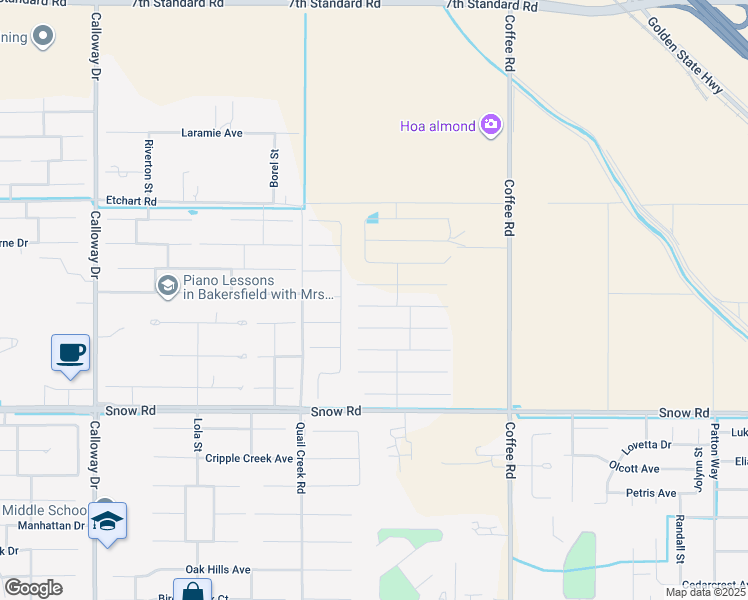 map of restaurants, bars, coffee shops, grocery stores, and more near 8608 Estes Park Street in Bakersfield