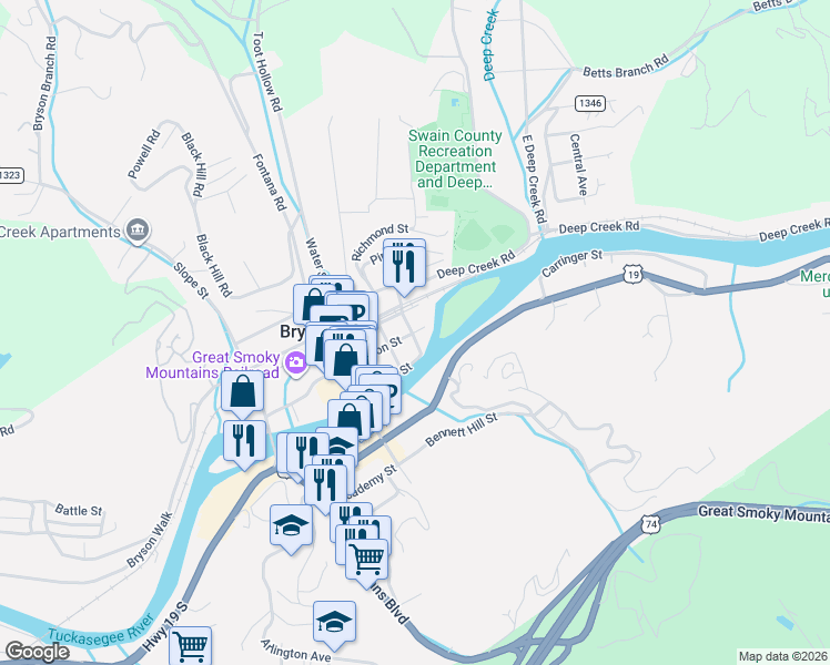 map of restaurants, bars, coffee shops, grocery stores, and more near 211 Bryson Street in Bryson City