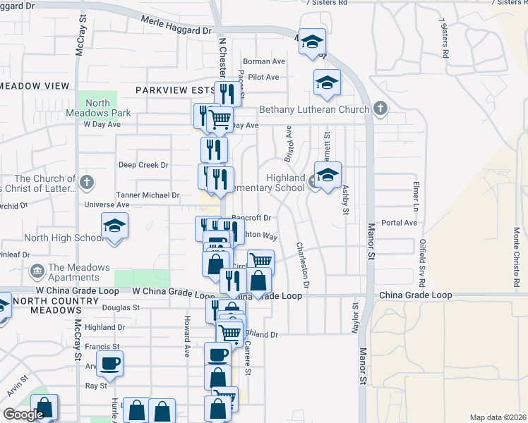 map of restaurants, bars, coffee shops, grocery stores, and more near 2702 Worthington Avenue in Bakersfield