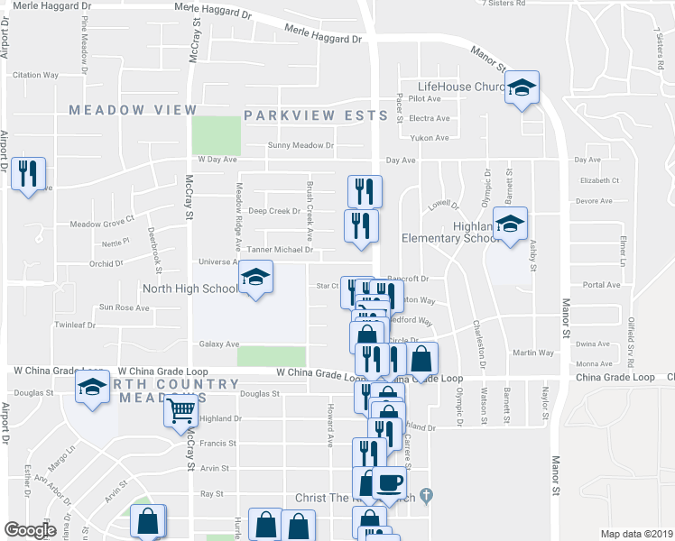 map of restaurants, bars, coffee shops, grocery stores, and more near 121 Universe Avenue in Bakersfield