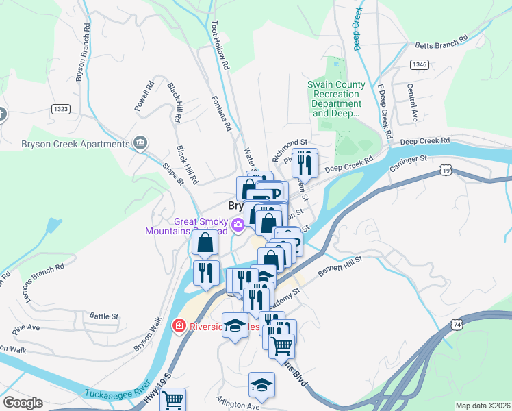 map of restaurants, bars, coffee shops, grocery stores, and more near in Bryson City