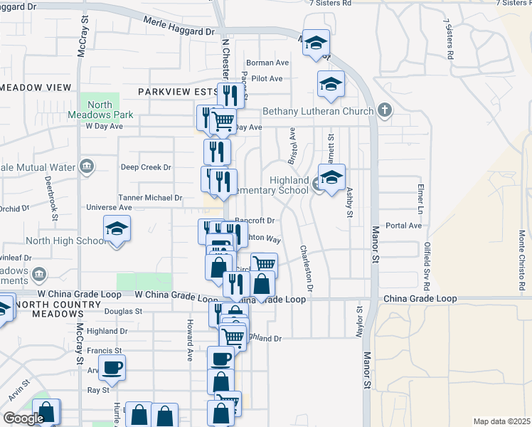 map of restaurants, bars, coffee shops, grocery stores, and more near 2702 Worthington Avenue in Bakersfield