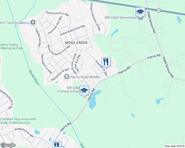 map of restaurants, bars, coffee shops, grocery stores, and more near 9436 Grand Oaks Street Northwest in Concord