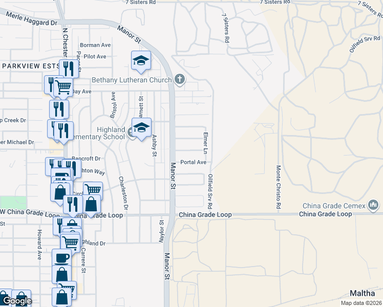 map of restaurants, bars, coffee shops, grocery stores, and more near 1012 Sheridan Avenue in Bakersfield