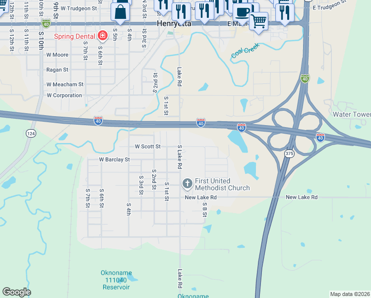 map of restaurants, bars, coffee shops, grocery stores, and more near 618 Lake Road in Henryetta