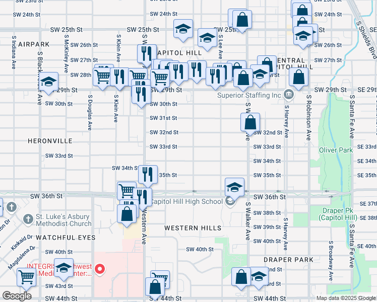 map of restaurants, bars, coffee shops, grocery stores, and more near 717 Southwest 33rd Street in Oklahoma City