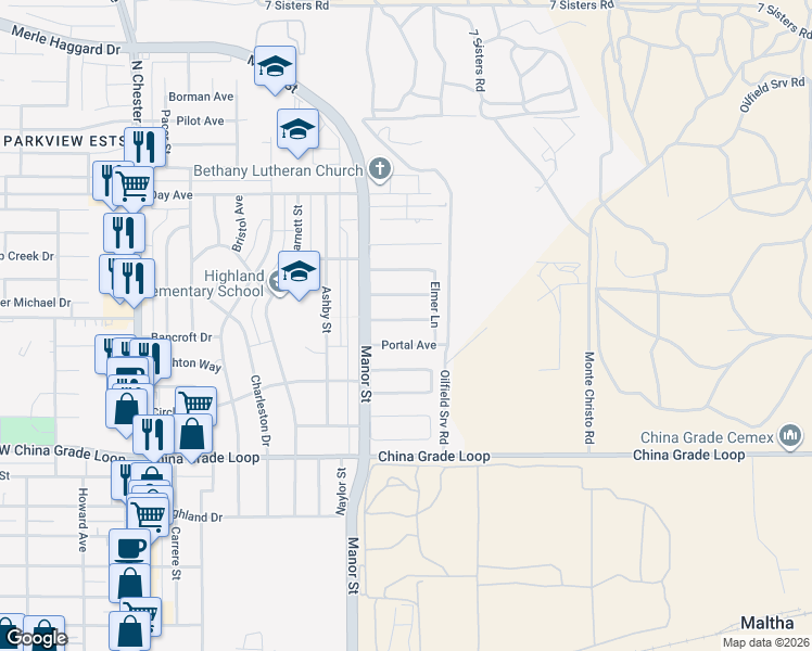 map of restaurants, bars, coffee shops, grocery stores, and more near 1012 Sheridan Avenue in Bakersfield