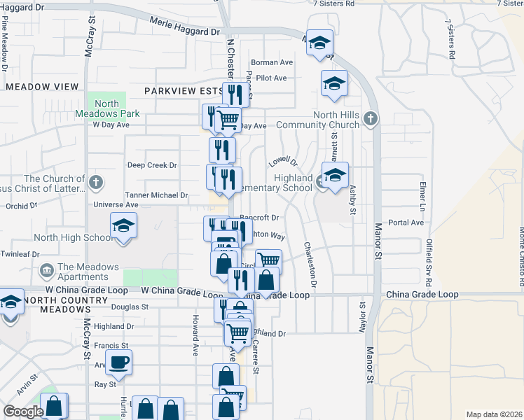 map of restaurants, bars, coffee shops, grocery stores, and more near 2800 Worthington Avenue in Bakersfield