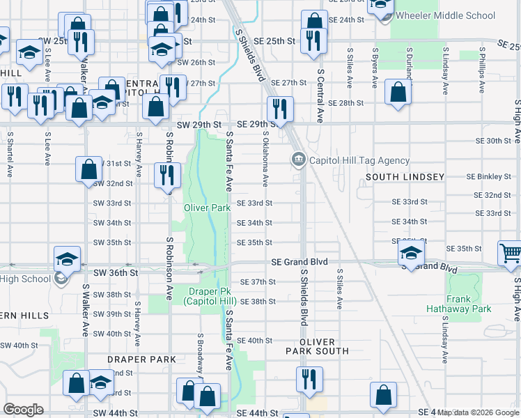 map of restaurants, bars, coffee shops, grocery stores, and more near 45 Southeast 33rd Street in Oklahoma City