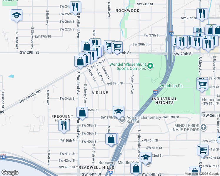 map of restaurants, bars, coffee shops, grocery stores, and more near 3400 South Dumas Avenue in Oklahoma City