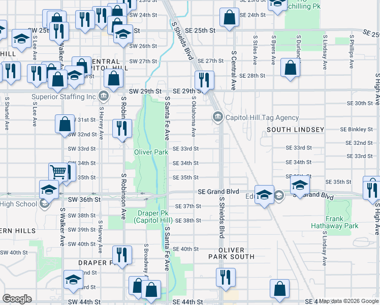 map of restaurants, bars, coffee shops, grocery stores, and more near 45 Southeast 33rd Street in Oklahoma City